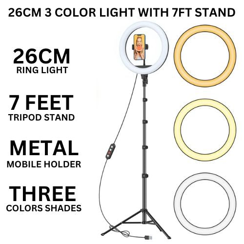 26CM RGB Selfie Ring Light with 7FT Aluminum Tripod & Mobile Holder – Multi-Color LED Light for TikTok, YouTube, Video Recording & Photography